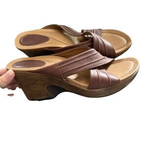 Dansko Shoes Womens 11 Brown Leather Wedge Sandals Slip On Slide Heel Brazil